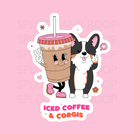 Iced Coffee & Corgis (tricolor) sticker